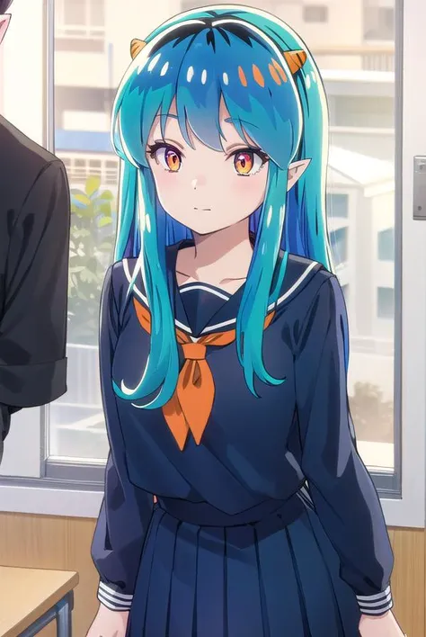 uruseiyatsuralum, <lora:urusei yatsura lum s1-lora-nochekaiser:1>,
lum, long hair, bangs, blue hair, (orange eyes:1.5), horns, pointy ears, aqua hair, oni horns, eyeshadow, smile, (small breasts:1.2),
BREAK shirt, long sleeves, school uniform, serafuku, sailor collar, neckerchief, yellow neckerchief, shirt, blue shirt, blue sailor collar, blue skirt,
BREAK indoors, classroom,
BREAK looking at viewer, (cowboy shot:1.5),
BREAK <lyco:GoodHands-beta2:1>, (masterpiece:1.2), best quality, high resolution, unity 8k wallpaper, (illustration:0.8), (beautiful detailed eyes:1.6), extremely detailed face, perfect lighting, extremely detailed CG, (perfect hands, perfect anatomy),