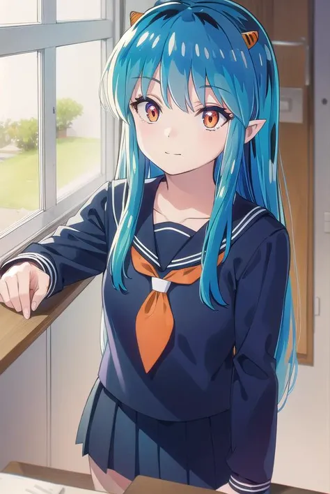 uruseiyatsuralum, <lora:urusei yatsura lum s1-lora-nochekaiser:1>,
lum, long hair, bangs, blue hair, (orange eyes:1.5), horns, pointy ears, aqua hair, oni horns, eyeshadow, smile, (small breasts:1.2),
BREAK shirt, long sleeves, school uniform, serafuku, sailor collar, neckerchief, yellow neckerchief, shirt, blue shirt, blue sailor collar, blue skirt,
BREAK indoors, classroom,
BREAK looking at viewer, (cowboy shot:1.5),
BREAK <lyco:GoodHands-beta2:1>, (masterpiece:1.2), best quality, high resolution, unity 8k wallpaper, (illustration:0.8), (beautiful detailed eyes:1.6), extremely detailed face, perfect lighting, extremely detailed CG, (perfect hands, perfect anatomy),