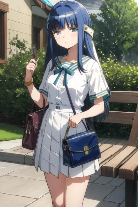 best quality, masterpiece, highres, solo, {nanami_yachiyo_puellamagimadokamagicasidestorymagiarecord:1.15}, long_hair, blue_hair, blue_eyes, bangs, blush, blunt_bangs, magical_girl, 1girl, skirt, bag, handbag
