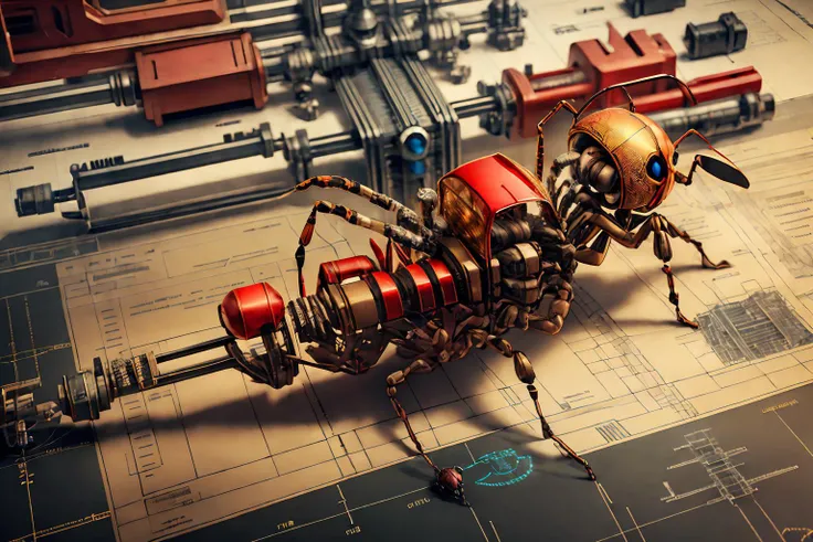 masterpiece, highly detailed, intricate, side view, assembly drawing for a hyperrealistic 3d 2.5d mechanical ant in black and red, construction lines, measurements, parted out, schematics, plan, blueprint <lora:GlowingRunesAIv2:1> SteampunkSchematics