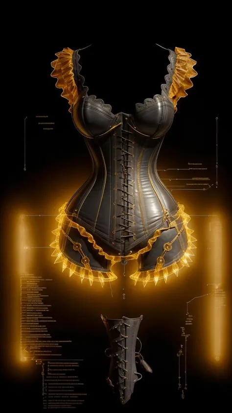 <lora:GlowingRunesAIv2:0.9> SteampunkSchematics  enamelled bronze Corset on a black panel on a black wall, glowing  black schematics