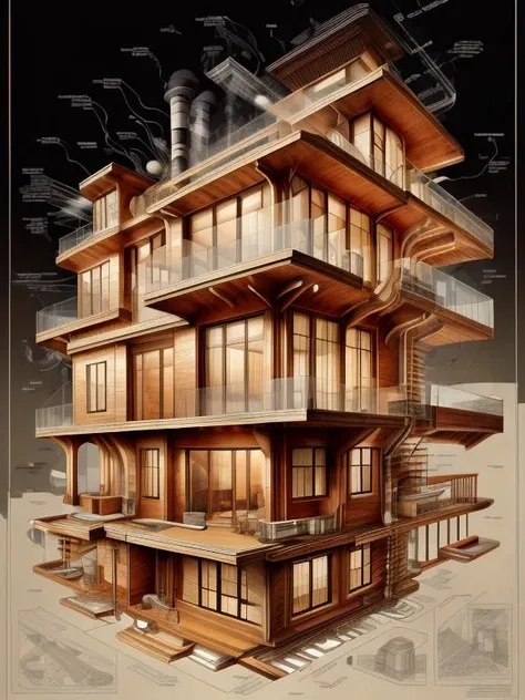 <lora:GlowingRunesAIv2:0.9>,An assembly drawing SteampunkSchematics of a ultra modern house with deck, construction lines, exploding diagram, dimensions, ultra detailed, Hyperrealistic, sharp focus, <lora:more_details:1>