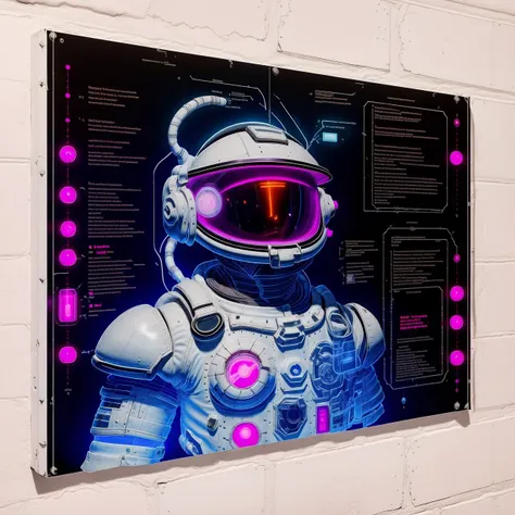 <lora:GlowingRunesAIv2:1> SteampunkSchematics enamelled white spacesuit on a white panel on a black wall, glowing pink schematics