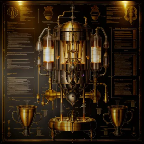 <lora:GlowingRunesAIv2:1> SteampunkSchematics fused glass bronze Coffee Machine on a gold panel on a black wall, glowing grey schematics <lora:to8highkey-1-5:1>