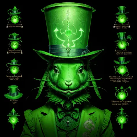 <lora:GlowingRunesAIv2:1> SteampunkSchematics a complicated rabbit, a Victorian top hat, glowing green runes, mirrors