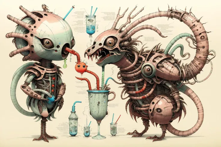 color pencil drawing, cute alien monster drinking a slurpy, predator, intricate, stylized, monotone <lora:BiFangBird:1> bifang <lora:GlowingRunesAIv2:1> SteampunkSchematics