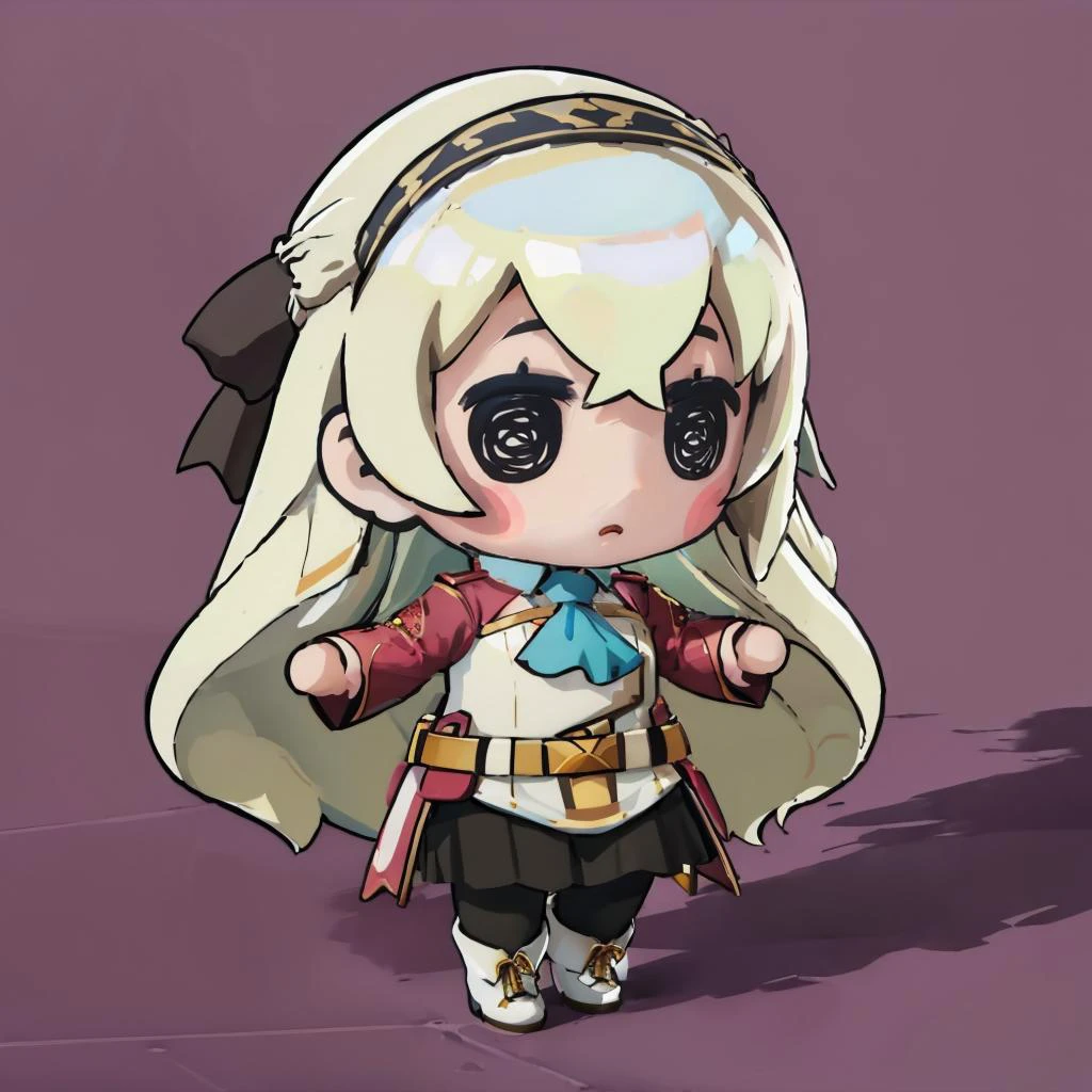 masterpiece, best quality, <lora:style_beegsmol-07:1> chibi <lora:elie-nvwls-v2-zero:0.8> elie macdowell, green eyes, hairband, blue ascot, hair ribbon, long sleeves, belt, pantyhose, white boots, simple background