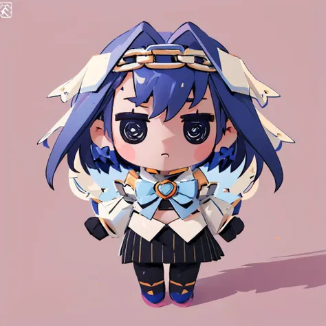 (masterpiece, best quality:1.2), chibi, solo, 1girl, KroniiBase, expressionless, short hair, hair intakes, chain, veil, bow earrings, striped crop top, white vest, blue bow, black skirt, detached sleeves, black gloves, black thighhighs <lora:style_beegsmol-07:1> <lora:KroniiV2:1>