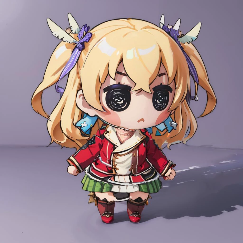 masterpiece, best quality, <lora:style_beegsmol-07:1> chibi, simple background <lora:alisa-nvwls-v2:0.8> alisa reinford, two side up, sen1alisa, purple ribbon, turtleneck, red jacket, green miniskirt, brown thighhighs, furrowed brow