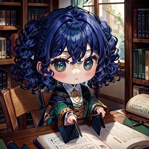 masterpiece, best quality, absurdres, <lora:style_beegsmol:0.8> chibi, <lora:mei-lan:0.8> dark blue hair, curly hair, green eyes