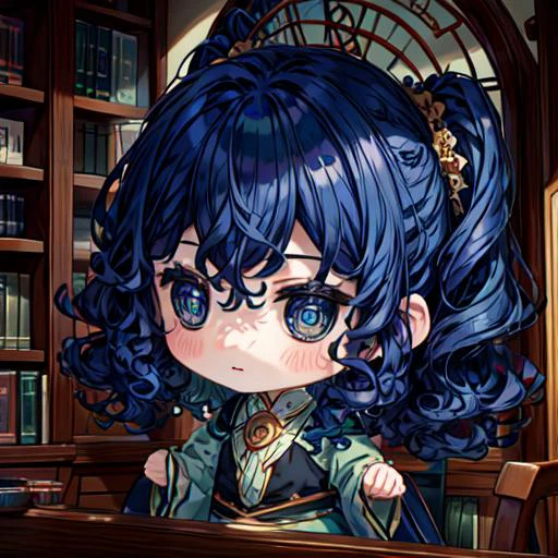 masterpiece, best quality, absurdres, <lora:style_beegsmol:0.8> chibi, <lora:mei-lan:0.8> dark blue hair, curly hair, green eyes