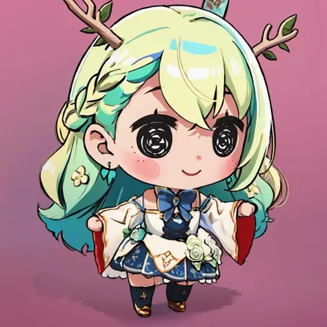 (masterpiece, best quality:1.2), chibi, solo, 1girl, FaunaBase, smile, long hair, antlers, braided bangs, hair flower, blue dress, wide sleeves, single thighhigh, bridal gauntlets <lora:style_beegsmol-07:1> <lora:CHAR-CeresFauna:0.8>