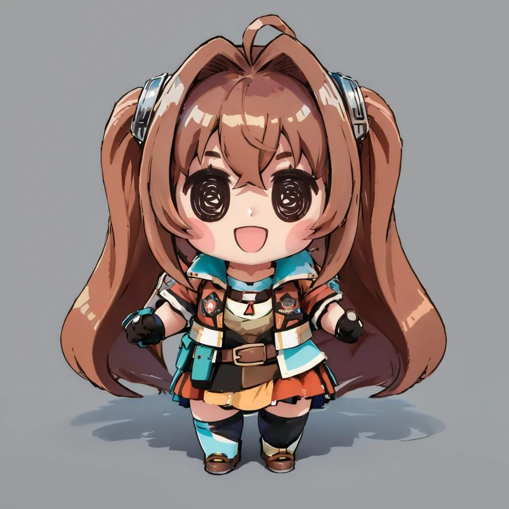 masterpiece, best quality, <lora:style_beegsmol-07:1> chibi, simple background <lora:estelle-nvwls-v2-final:0.8> scEstelle, cropped jacket, green shoulder pad, tan shirt, orange skirt, belt, white thighhighs, brown gloves, :D