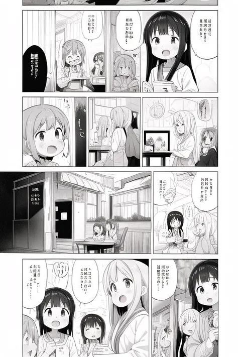 masterpiece, best quality,ultra detail, <lora:anmnr01:0.3> <lora:add_detail:0.5>,<lora:GoodHands-vanilla:0.8> 4girls,<lora:nekotoufu_style_v1:0.9>nekotoufu style, comic,comic,koma,text bubble,restaurant