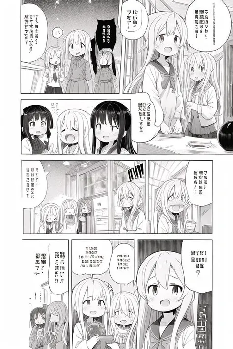 masterpiece, best quality,ultra detail, <lora:anmnr01:0.3> <lora:add_detail:0.5>,<lora:GoodHands-vanilla:0.8> 4girls,<lora:nekotoufu_style_v1:0.9>nekotoufu style, comic,comic,koma,text bubble,restaurant