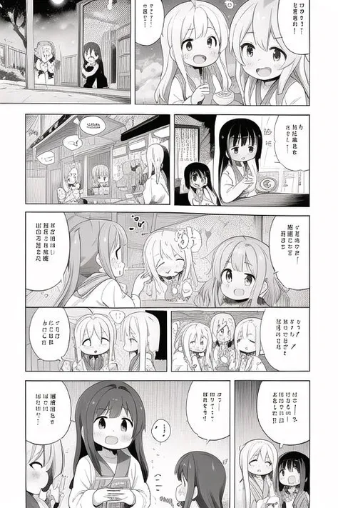 masterpiece, best quality,ultra detail, <lora:anmnr01:0.3> <lora:add_detail:0.5>,<lora:GoodHands-vanilla:0.8> 4girls,<lora:nekotoufu_style_v1:0.9>nekotoufu style, comic,comic,koma,text bubble,restaurant