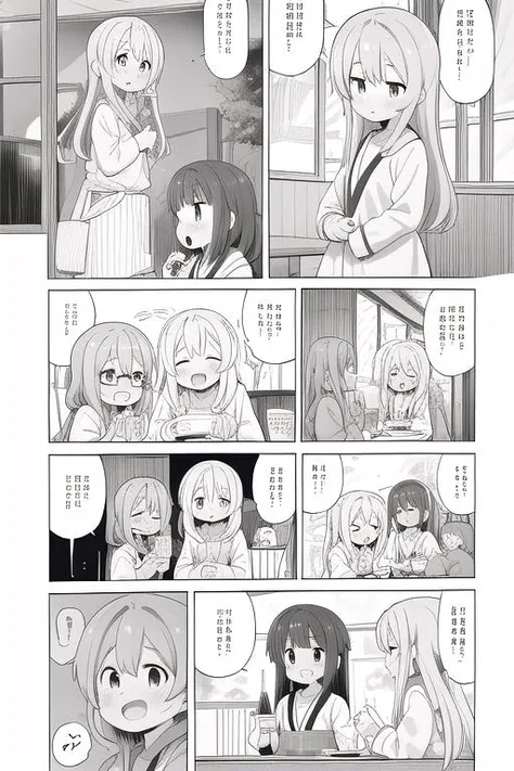 masterpiece, best quality,ultra detail, <lora:anmnr01:0.3> <lora:add_detail:0.5>,<lora:GoodHands-vanilla:0.8> 4girls,<lora:nekotoufu_style_v1:0.9>nekotoufu style, comic,comic,koma,text bubble,restaurant