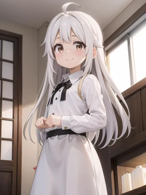 in home, a young girl, view from below, white long hair, messy hair, (ahoge), brown eyes, white shirt, brown long skirt, (troubled face:1.4), smile mouth, nekotoufu style
<lora:021arteA5-5:1> <lora:nekotoufu_style_v1:1> <lora:Gloss_Tweaker_V2:-1>