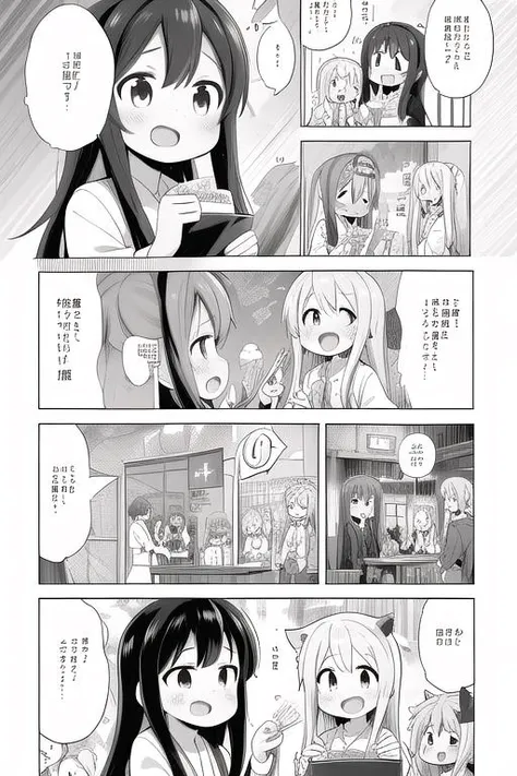 masterpiece, best quality,ultra detail, <lora:anmnr01:0.3> <lora:add_detail:0.5>,<lora:GoodHands-vanilla:0.8> 4girls,<lora:nekotoufu_style_v1:0.9>nekotoufu style, comic,comic,koma,text bubble,restaurant