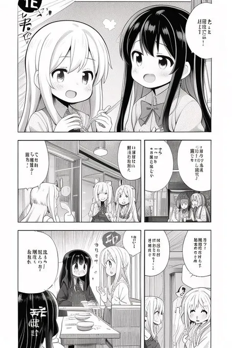 masterpiece, best quality,ultra detail, <lora:anmnr01:0.3> <lora:add_detail:0.5>,<lora:GoodHands-vanilla:0.8> 4girls,<lora:nekotoufu_style_v1:0.9>nekotoufu style, comic,comic,koma,text bubble,restaurant