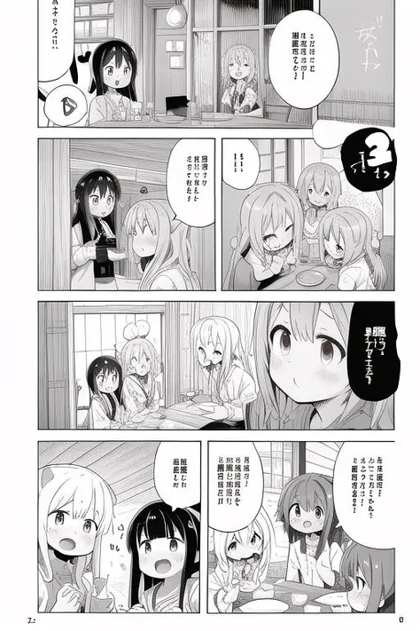 masterpiece, best quality,ultra detail, <lora:anmnr01:0.3> <lora:add_detail:0.5>,<lora:GoodHands-vanilla:0.8> 4girls,<lora:nekotoufu_style_v1:0.9>nekotoufu style, comic,comic,koma,text bubble,restaurant
