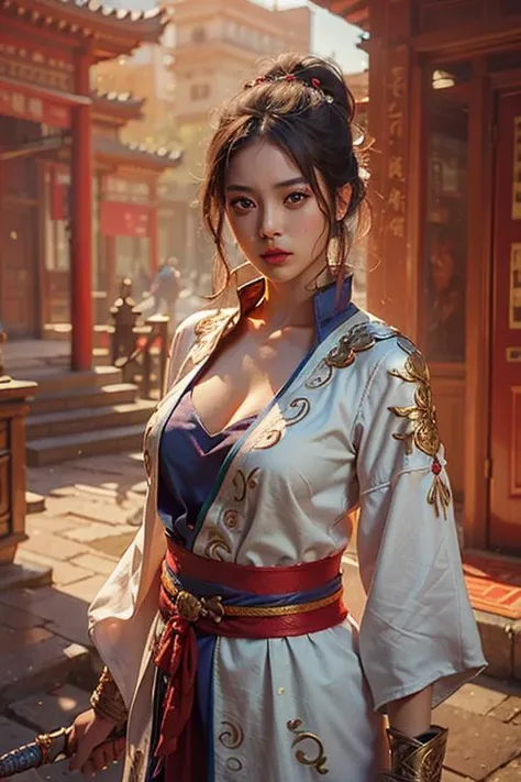 Best quality,masterpiece,ultra high res,(photorealistic:1.4),xiuxian,weapon,Detailed face,
<lora:nihong:0.5>,1girl,solo,weapon,cleavage,magic circle,xiuxian,upper body,Beautiful girl,full body,east asian architecture,sheath,architecture,