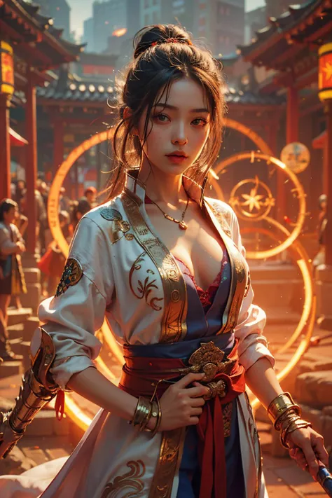 Best quality,masterpiece,ultra high res,(photorealistic:1.4),xiuxian,weapon,Detailed face,
<lora:nihong:0.5>,1girl,solo,weapon,cleavage,(magic circle:1.2),xiuxian,upper body,Beautiful girl,full body,east asian architecture,sheath,architecture,
