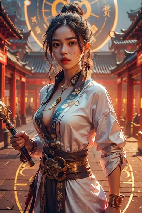 Best quality,masterpiece,ultra high res,(photorealistic:1.4),xiuxian,weapon,Detailed face,
<lora:nihong:0.5>,1girl,solo,weapon,cleavage,(magic circle:1.2),xiuxian,upper body,Beautiful girl,full body,east asian architecture,sheath,architecture,
