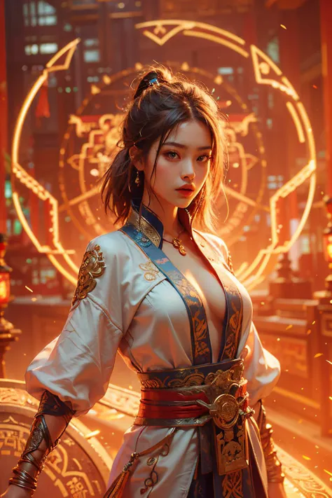 Best quality,masterpiece,ultra high res,(photorealistic:1.4),xiuxian,weapon,Detailed face,
<lora:nihong:0.5>,1girl,solo,weapon,cleavage,(magic circle:1.2),xiuxian,upper body,Beautiful girl,full body,east asian architecture,sheath,architecture,