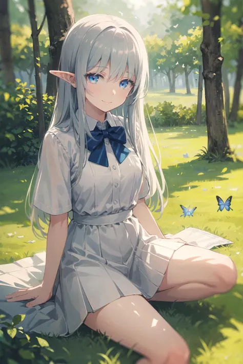 ((masterpiece)), expressionless, (((best quality))), ((illustration)),
1girl, elf, ((solo)), (detailed face), (beautiful detailed eyes), light eyes, blue eyes, ((disheveled hair)), silver hair, full body,
smile, blank stare, sitting, ((looking to the side)),
bow tie hair band, white transparent long skirt, noble, mysterious,
bright background, in forest, nature, sunshines through the leaves, butterfly, river, close-up,
<lora:Masheng-000002:1>