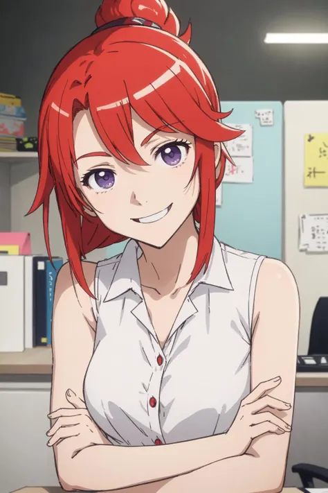 {{Masterpiece}},{{best quality}},{{detailed illustration}},{beautiful detailed eyes},{{cinematic lighting}},{{bright colors}},1girl,kazumi kuwanomi,white office shirt,white jacked,open arms,open shoulders,red hair,crossed arms,confident pose,smile <lora:kazumi kuwanomi:0.4>