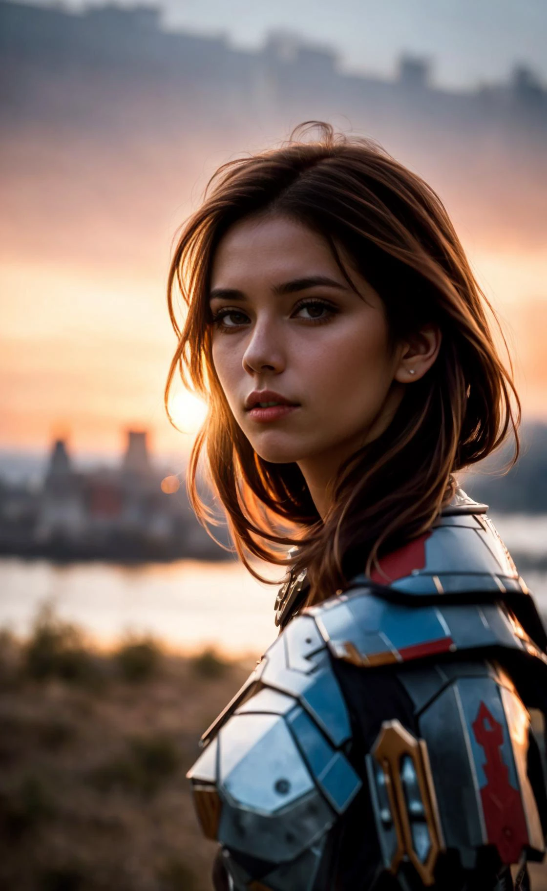 (masterpiece), (extremely intricate:1.3), (realistic), portrait of shaevizla, the most beautiful in the world, (mandalorian armor), metal reflections, upper body, outdoors, intense sunlight, far away castle, professional photograph of a stunning woman detailed, sharp focus, dramatic, award winning, cinematic lighting, octane render unreal engine, volumetrics dtx, (film grain, blurry background, blurry foreground, bokeh, depth of field, sunset, motion blur:1.3), power armor, long hair, reddish brown hair, brown eyes, <lora:shaevizla:0.8>