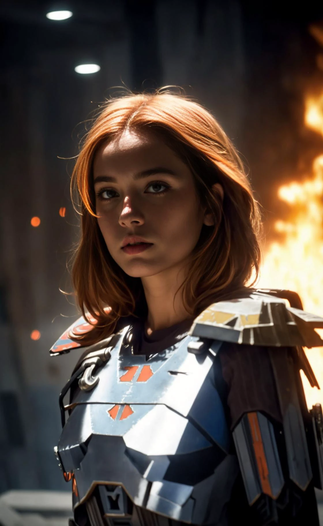 (masterpiece), (extremely intricate:1.3), (realistic), portrait of shaevizla, the most beautiful in the world, (mandalorian armor), metal reflections, upper body, star wars, far away jedi temple and senate buildings burning on the planet Coruscant, professional photograph of a stunning woman detailed, sharp focus, dramatic, award winning, cinematic lighting, octane render unreal engine, volumetrics dtx, (film grain, blurry background, blurry foreground, bokeh, depth of field, motion blur:1.3), power armor, (disheveled long hair, orange hair with subtle yellow highlights), brown eyes, <lora:shaevizla:0.8> <lora:Environment - StarWars:0.2>
