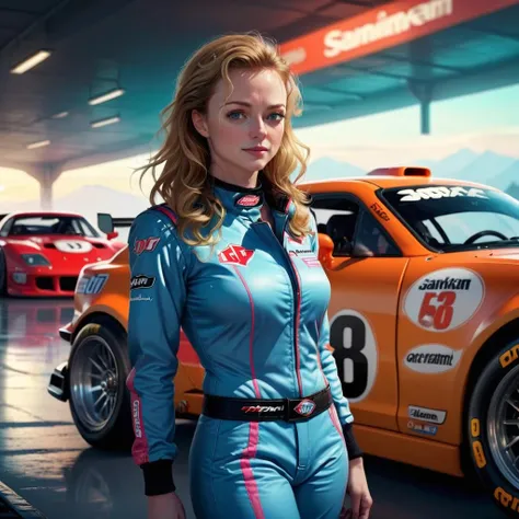 heathergraham a woman race car driver, standing beside her car. Digital illustration, very vibrant colors, soft lighting, adventurous, atmospheric lighting, 8K, octane render. By Makoto Shinkai, Stanley Artgerm Lau, WLOP, Rossdraws, warriors fan art, James Jean, Andrei Riabovitchev, Marc Simonetti, krenz cushart, Sakimichan, D&D trending on ArtStation, digital woman race car driver, leaning against her car, hot wheels, concept art, fantasy art, highly detailed, hyperrealistic, artstation, deviantart, behance <lora:heathergraham_sdxl_lora_256_bf16:1>