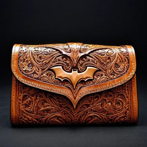 photorealistic photo of a tooled leather purse, bat man, (highly detailed:1.0),(masterpiece, best quality, realistic, detailed:1.1) <lora:Sheridan_Style_Tooled_Leather_XL:0.75>