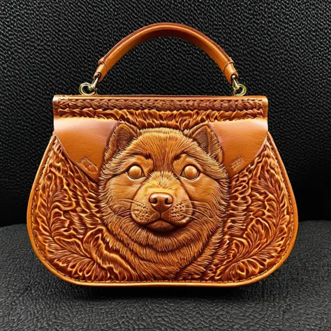 photorealistic photo of a tooled leather purse, cute Shiba Inu, (highly detailed:1.0),(masterpiece, best quality, realistic, detailed:1.1) <lora:Sheridan_Style_Tooled_Leather_XL:0.75>