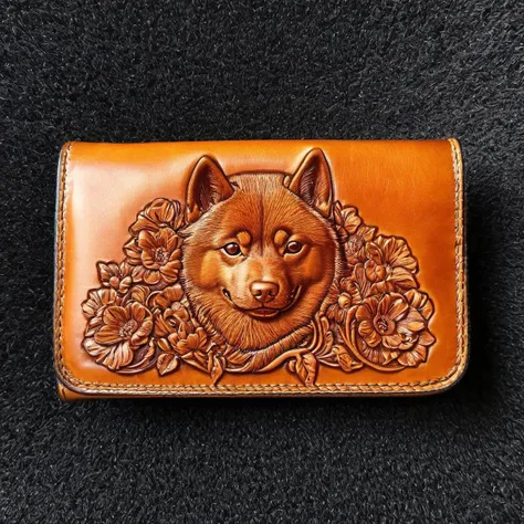 photorealistic photo of a tooled leather wallet, cute Shiba Inu, (highly detailed:1.0),(masterpiece, best quality, realistic, detailed:1.1) <lora:Sheridan_Style_Tooled_Leather_XL:0.75>