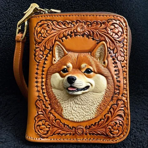 photorealistic photo of a tooled leather purse, cute Shiba Inu, (highly detailed:1.0),(masterpiece, best quality, realistic, detailed:1.1) <lora:Sheridan_Style_Tooled_Leather_XL:0.75>