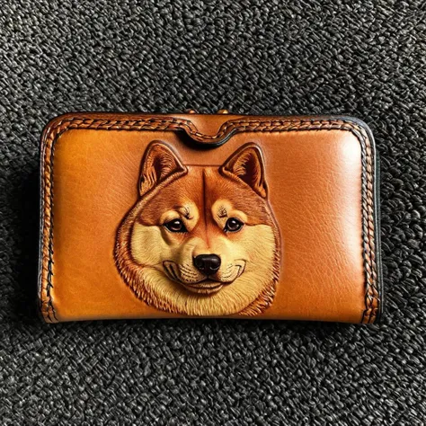 photorealistic photo of a tooled leather wallet, cute Shiba Inu, (highly detailed:1.0),(masterpiece, best quality, realistic, detailed:1.1) <lora:Sheridan_Style_Tooled_Leather_XL:0.75>