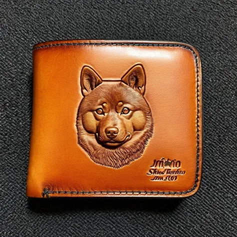 photorealistic photo of a tooled leather wallet, cute Shiba Inu, (highly detailed:1.0),(masterpiece, best quality, realistic, detailed:1.1) <lora:Sheridan_Style_Tooled_Leather_XL:0.75>