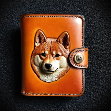 photorealistic photo of a tooled leather wallet, cute Shiba Inu, (highly detailed:1.0),(masterpiece, best quality, realistic, detailed:1.1) <lora:Sheridan_Style_Tooled_Leather_XL:0.75>
