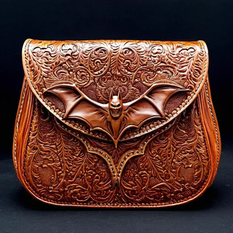 photorealistic photo of a tooled leather purse, bat man, (highly detailed:1.0),(masterpiece, best quality, realistic, detailed:1.1) <lora:Sheridan_Style_Tooled_Leather_XL:0.75>