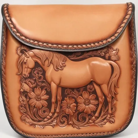 tooled leather purse, floral horse design <lora:Sheridan_Style_Tooled_Leather_XL:1.6>