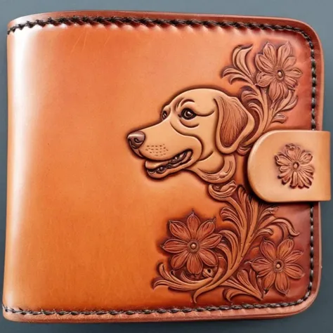 tooled leather wallet, floral dog design <lora:Sheridan_Style_Tooled_Leather_XL:1.6>