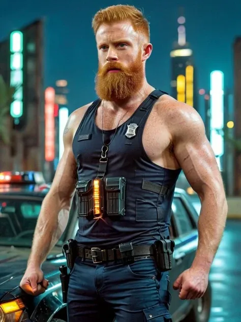 (circuitboard:1.3), dark futuristic, full body side view of a ginger hairy police man with a beard wearing a tank top (shirt:1.2), dynamic pose, arms holding a gun to the viewer, shooting, war, city background, neon car lights, dramatic, hairy bushy armpit, penis, high detail, realistic, realistic, high detail <lora:StringerSDXL_v1-000013:0.32> <lora:Dark_Futuristic_Circuit_Boards:1.35>   <lora:Cruz'sBeardedMan:0.5> <lora:xpenis-1.5e:0.45>