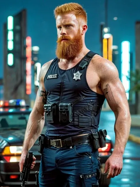 (circuitboard:1.3), dark futuristic, full body side view of a ginger hairy police man with a beard wearing a tank top (shirt:1.2), dynamic pose, arms holding a gun to the viewer, shooting, war, city background, neon car lights, dramatic, hairy bushy armpit, penis, high detail, realistic, realistic, high detail <lora:StringerSDXL_v1-000013:0.2> <lora:Dark_Futuristic_Circuit_Boards:1.35> <lora:Cruz'sBeardedMan:0.5> <lora:xpenis-1.5e:0.45>
