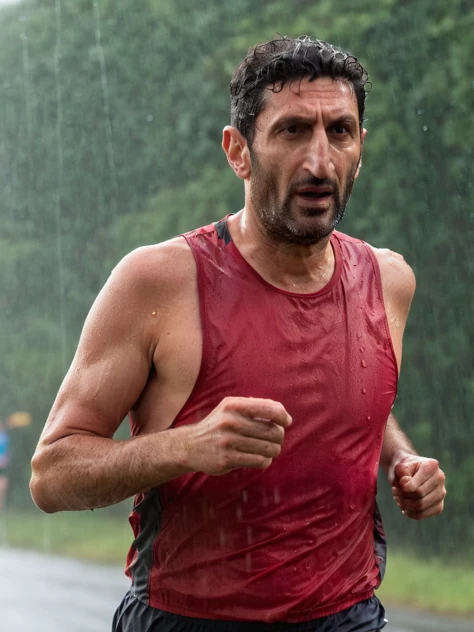 <lora:StringerSDXL_v1-000013:0.77>side view, close medium shot of Fares Fares (sexy:1.3) 50 yo. man running a marathon in the rain (wearing:1.1) a loose (red:1.1) (tank top:1.2) stringer shirt with (extreme low-cut dropped side holes, extreme low-cut dropped armholes:1.3), (hands down, [(shorts, pants:1.2),:0.05], studio shoot, profissional lighting, sunlight, 4k uhd, dslr, high quality, Fujifilm XT3 <lora:Fares_Fares:0.8>