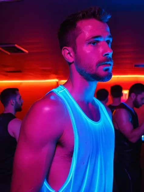 <lora:StringerSDXL_v1:0.82>, profile side view medium body shot man age 28 at a night club wearing a stringer (tank top shirt:1.2), (extreme low-cut dropped side holes:1.2), blue neon glowing clothes, sweaty, lighting, neon city lights, extreme low-cut chest, low-cut cleavage, male nipple slip, hairy bushy armpit, 4k uhd, dslr, soft light, high quality, Fujifilm XT3