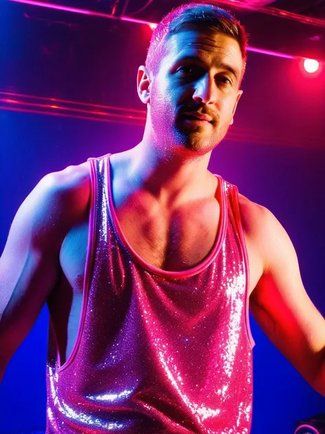 <lora:StringerSDXL_v1:0.55>, profile side view medium body shot DJ man age 28 djing at a night club wearing a stringer (neon pink glowing RedGlitter tank top shirt:1.2), (extreme low-cut dropped side holes:1.2), blue (neon clothes:1.2),( sweaty:1.1), lighting, neon city lights, (extreme low-cut chest:1.1), low-cut cleavage, male nipple slip, hairy bushy armpit, 4k uhd, dslr, soft light, high quality, Fujifilm XT3 <lora:SDXLRedGlitter:0.8>