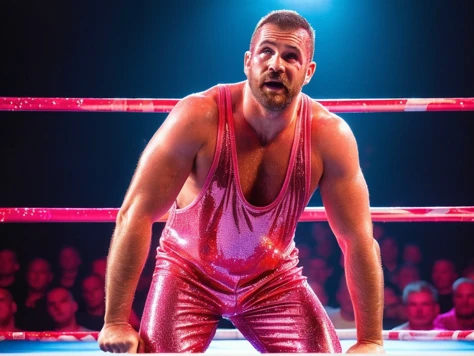<lora:StringerSDXL_v1:0.55>, profile side view from above full body shot of a strong wrestler man age 35 in a fighting ring wearing a stringer (neon pink glowing RedGlitter singlet:1.2), (extreme low-cut dropped side holes:1.2), (neon clothes:1.2), (sweaty:1.2), lighting, neon city lights, (extreme low-cut chest:1.1), low-cut cleavage, male nipple slip, hairy bushy armpit, 4k uhd, dslr, soft light, high quality, Fujifilm XT3 <lora:SDXLRedGlitter:0.8>